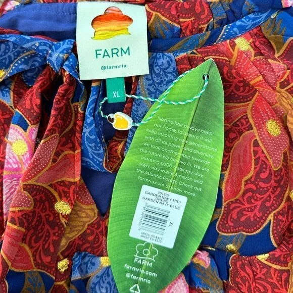 Farm Rio Navy Garden Lenzing Ecovero Viscose Midi Dress Blue Floral NWT New XL - Picture 8 of 8